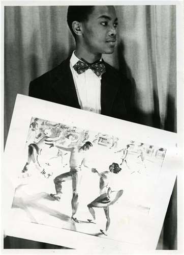 Mozelle Thompson holds his award winning watercolor at the 1945 Scholastic Awards celebration