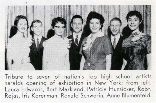 Students pose at the 1958 Scholastic Art Exhibition opening.