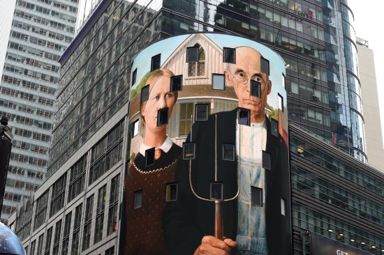 American Gothic by Grant Wood on NYC’s NASDAQ Building in Times Square