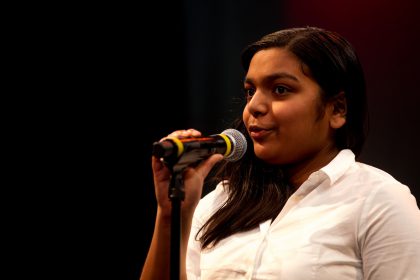 Yamini Manikoth, recognized writer from Lakelands Park Middle School and Writopia Lab, discusses why she continues to write at our Recognition Ceremony. Every year, all recognized writers take the stage to celebrate and read the titles of their recognized works. They also lead a large Q&A session with our audience members to discuss their inspiration and methods for writing creatively.