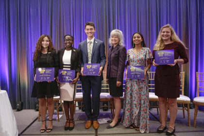 National Student Poets Camila Sanmiguel, Juliet Lubwama, Ben Lee, Kinsale Hueston, and Annie Castillo are recognized at their Appointment Ceremony by Dr. Kathryn K. Matthew, August 31, 2017. (Photo by Shawn Miller)