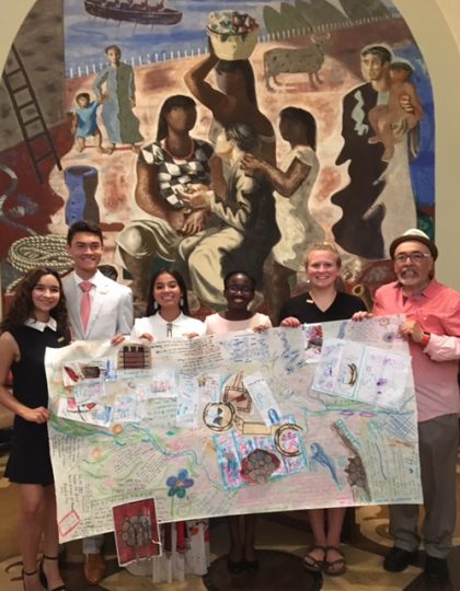 The 2017 National Student Poets display their completed mural with Juan Felipe Herrera