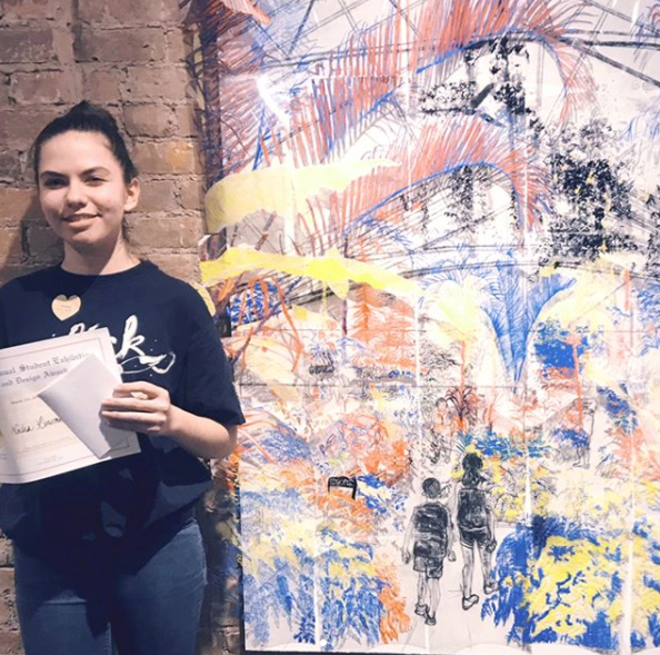 Ashcan student wins “Best in Show Award” for her mixed media drawing at the Annual Student Exhibition.
