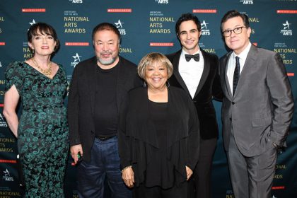 Honorees and presenters of the 2018 National Arts Awards (left-to-right: Alliance for Young Artists & Writers' Executive Director Virginia McEnerney, artist Ai Weiwei, singer Mavis Staples, Awards Alumni and fashion designer Zac Posen, and late night host Stephen Colbert). Photo courtesy of Americans for the Arts.