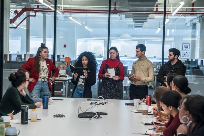 The Class of 2018 National Student Poets conduct a poetry workshop for Scholastic Inc. staff and Alliance for Young Artists & Writers staff at Scholastic's headquarters in New York City.