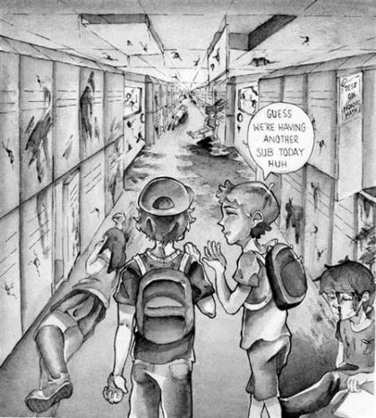 YARLHIN LOPEZ, Another Regular School Day, Editorial Cartoon. Grade 12, High School of Art & Design, New York, NY.